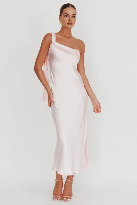 Robe Weitese à une épaule, robe fourreau longue à ceinture flottante, dos ouvert, longueur cheville, robe de bal, couleur champagne